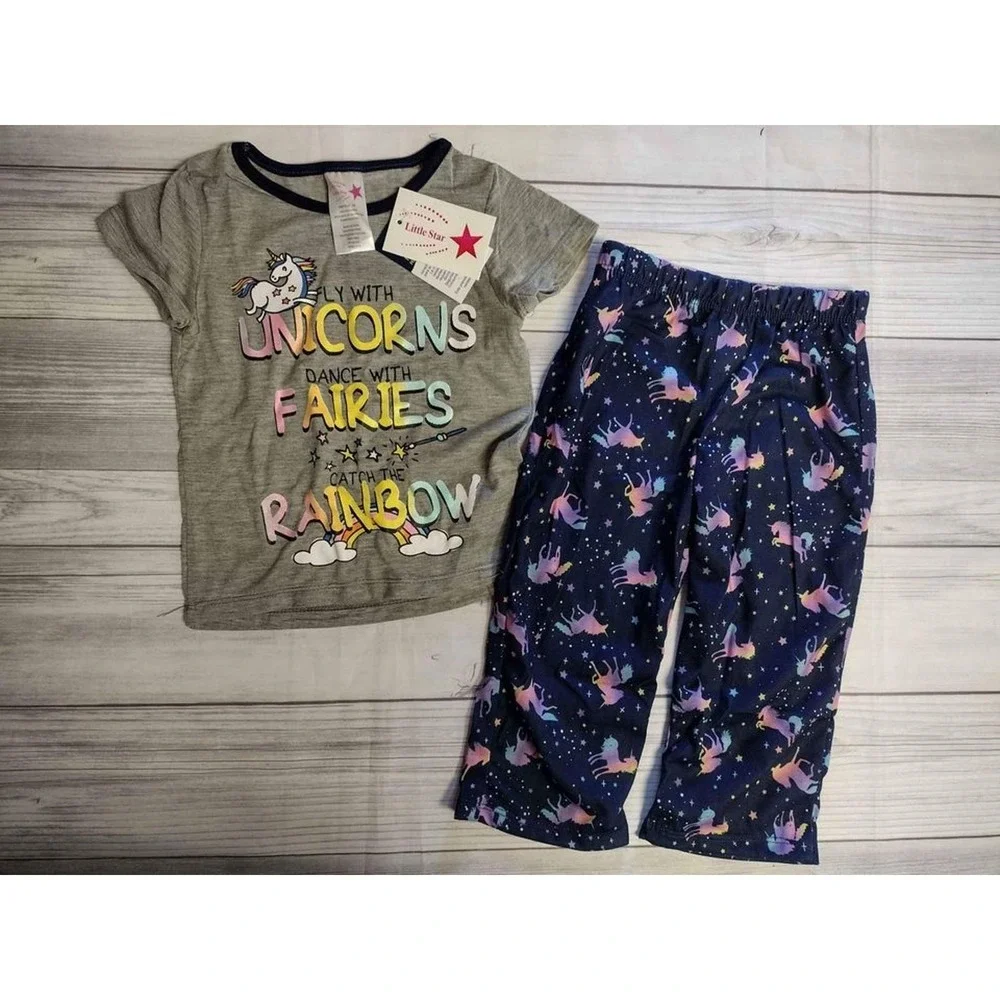Little Star Kids Girls Unicorn Fairy Rainbow Pajama Set 2T Grey Navy 2-Piece NEW